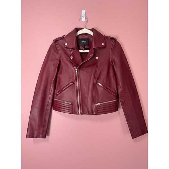 Maje Burgundy Lamb Leather Moto Jacket Size 36/Small - Picture 1 of 6
